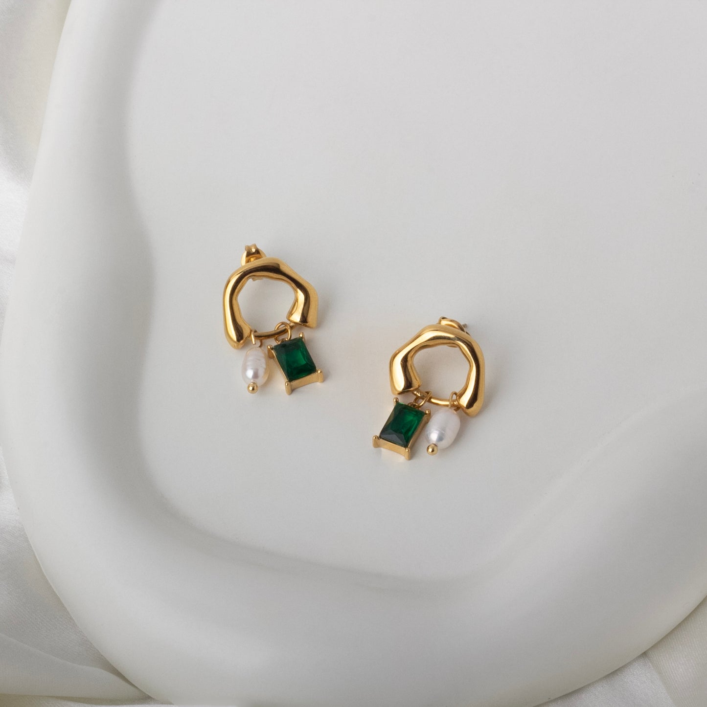 Emerald Pearl Charm Earrings