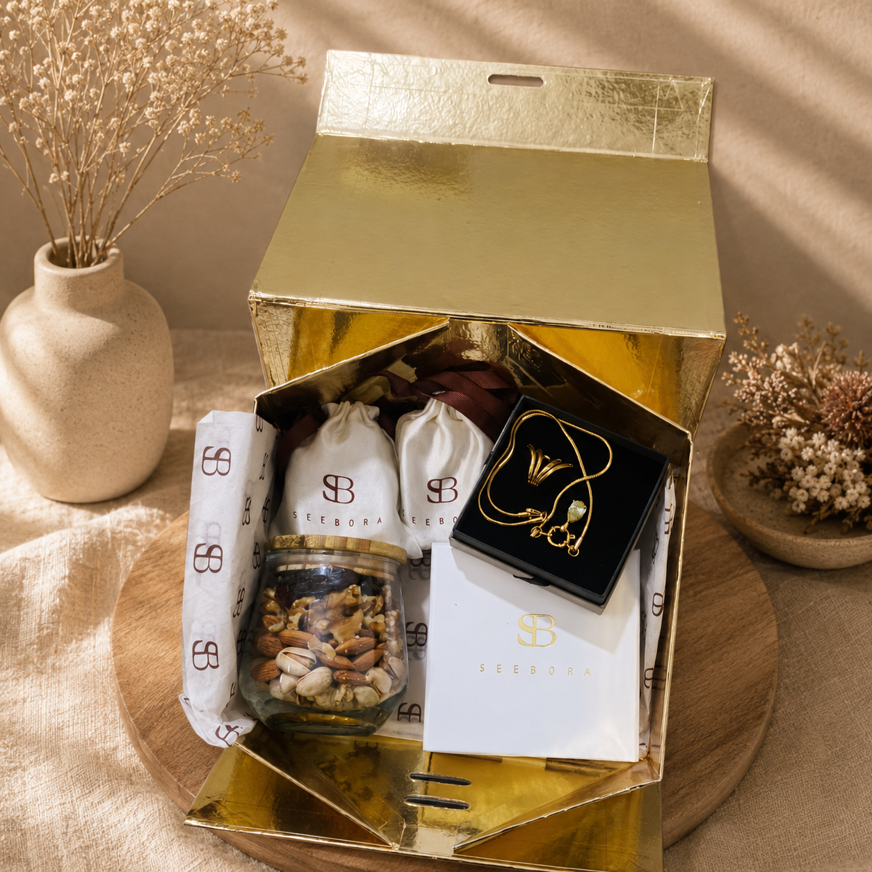 Seebora Rakhi Hamper – Luxury Gift Set with Jewellery, Rakhis & Gourmet Treats