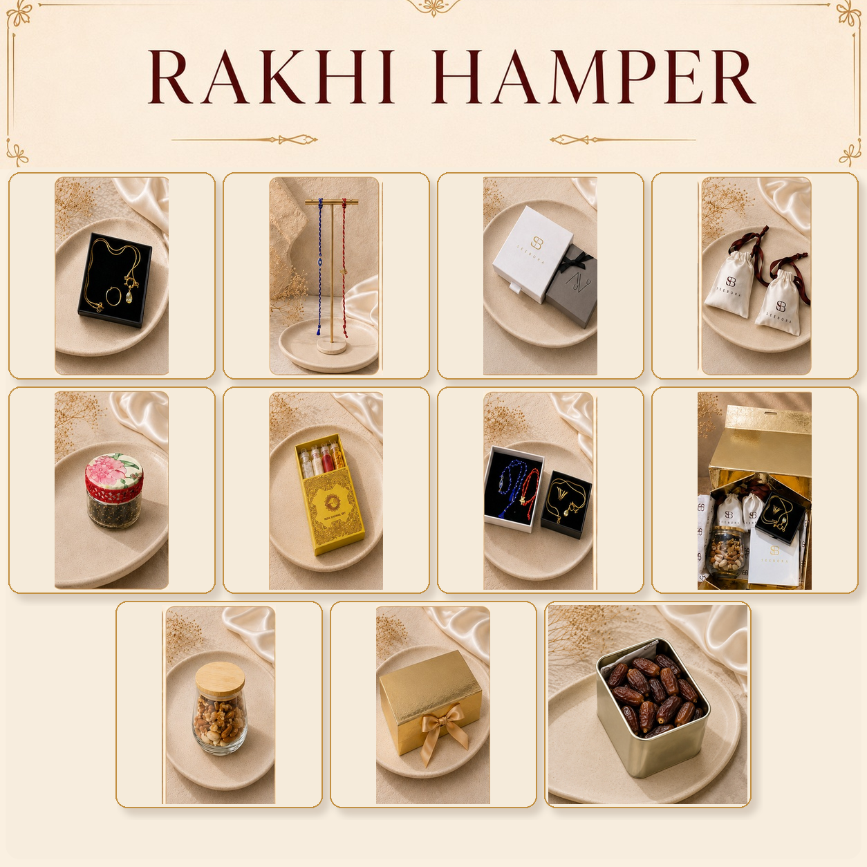 Seebora Rakhi Hamper – Luxury Gift Set with Jewellery, Rakhis & Gourmet Treats