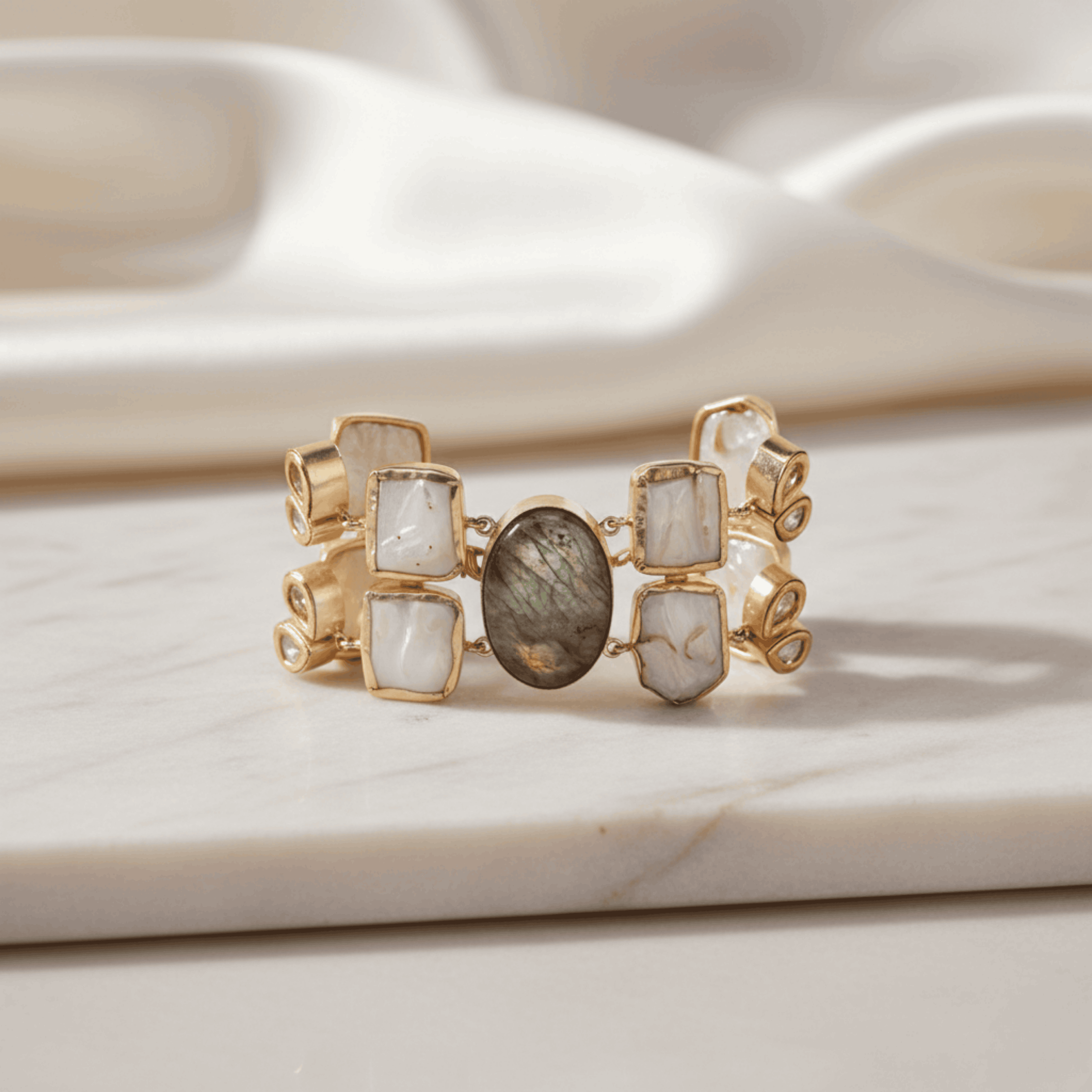 Amara Statement Cuff Labradorite, Crystal & Pearl 18K Gold Plated Bracelet Seebora