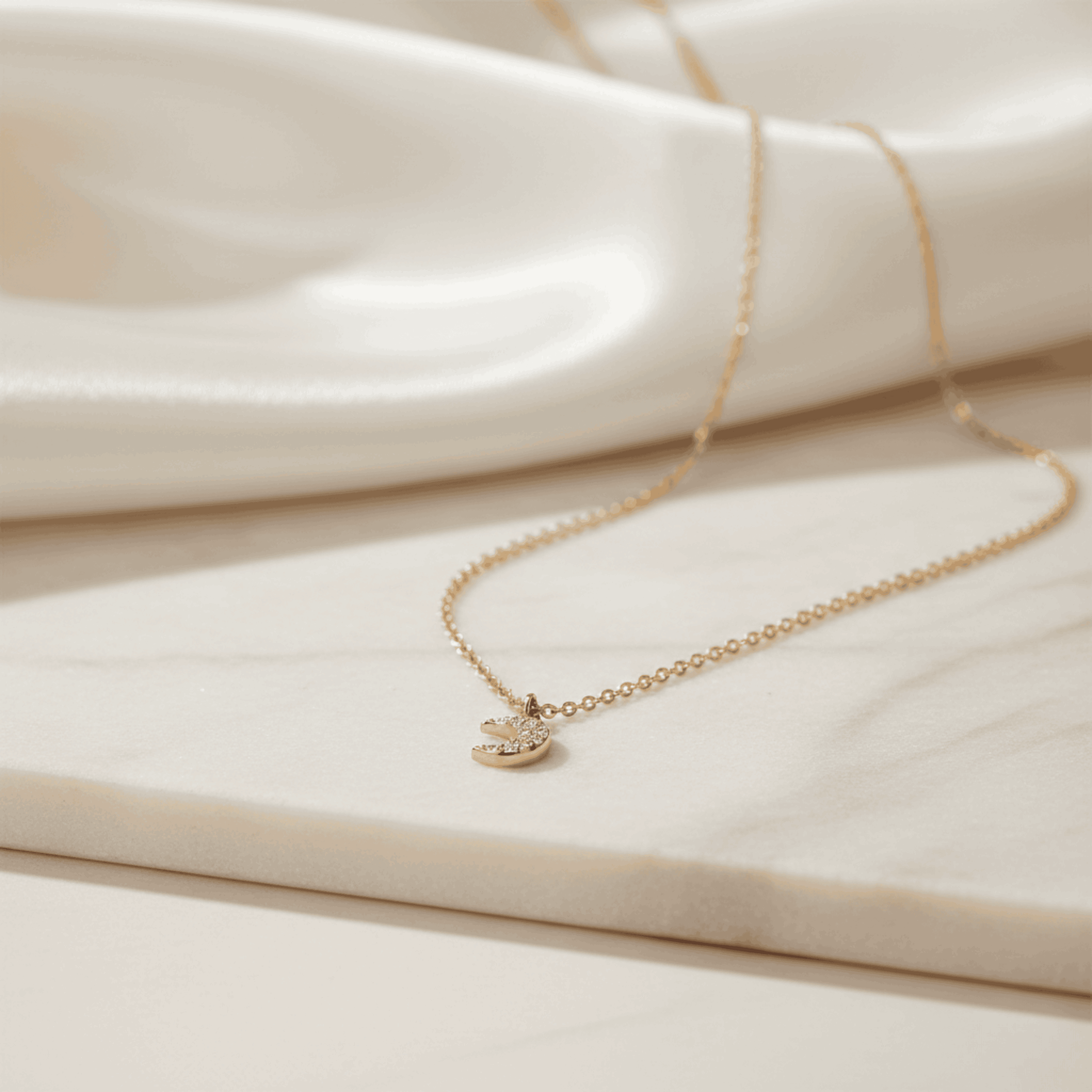 Gold Crescent Moon Pendant Necklace | 925 Silver, 14K Gold Plated, CZ Stones Seebora
