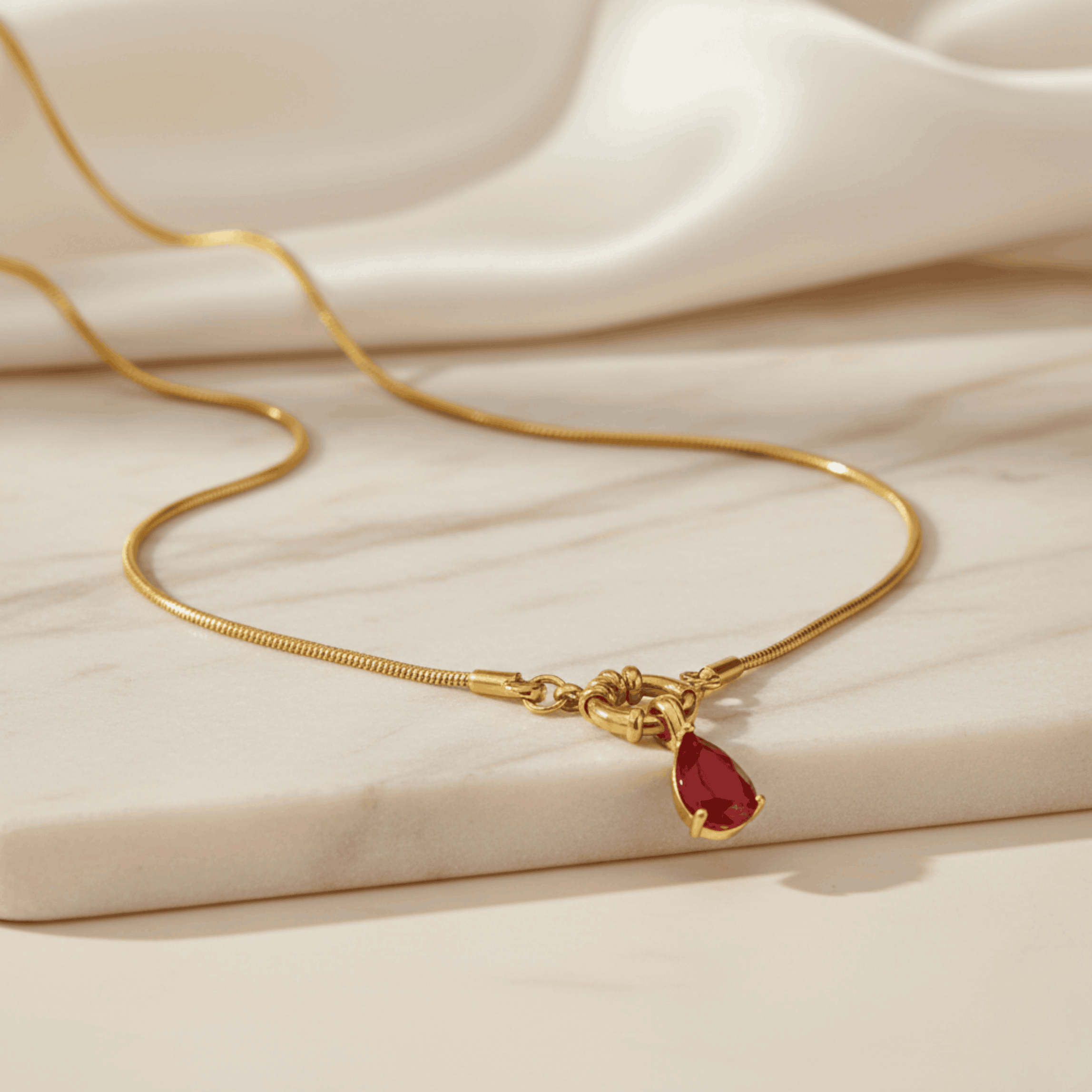 Red Teardrop Pendant Necklace – 24K Gold Plated CZ Stainless Steel Seebora