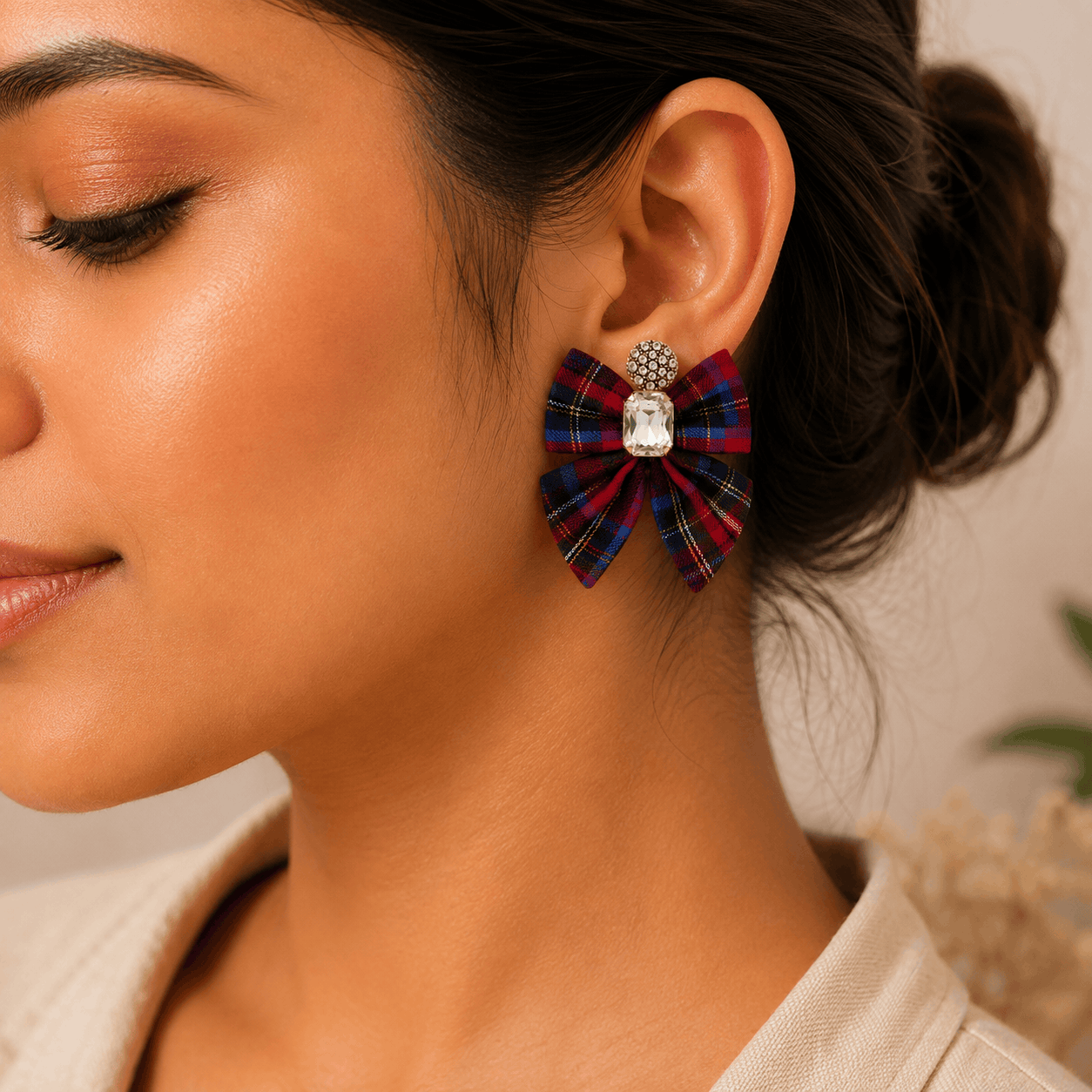 Tartan Bow Crystal Earrings Seebora