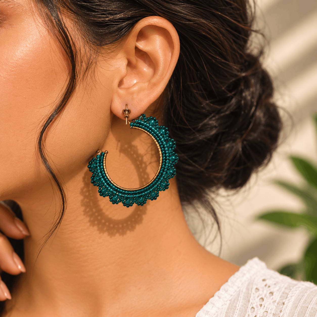 Teal Bloom Beaded Hoops Seebora