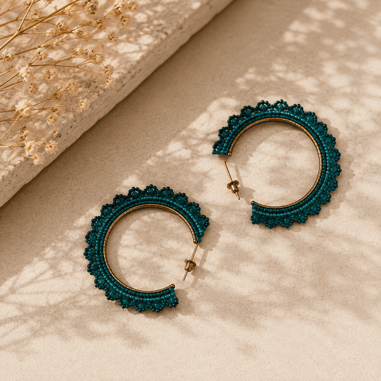Teal Bloom Beaded Hoops Seebora