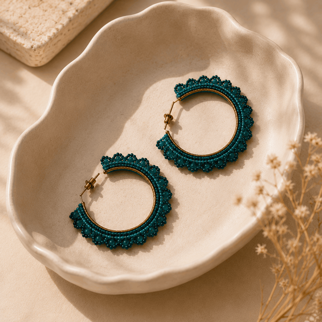 Teal Bloom Beaded Hoops Seebora