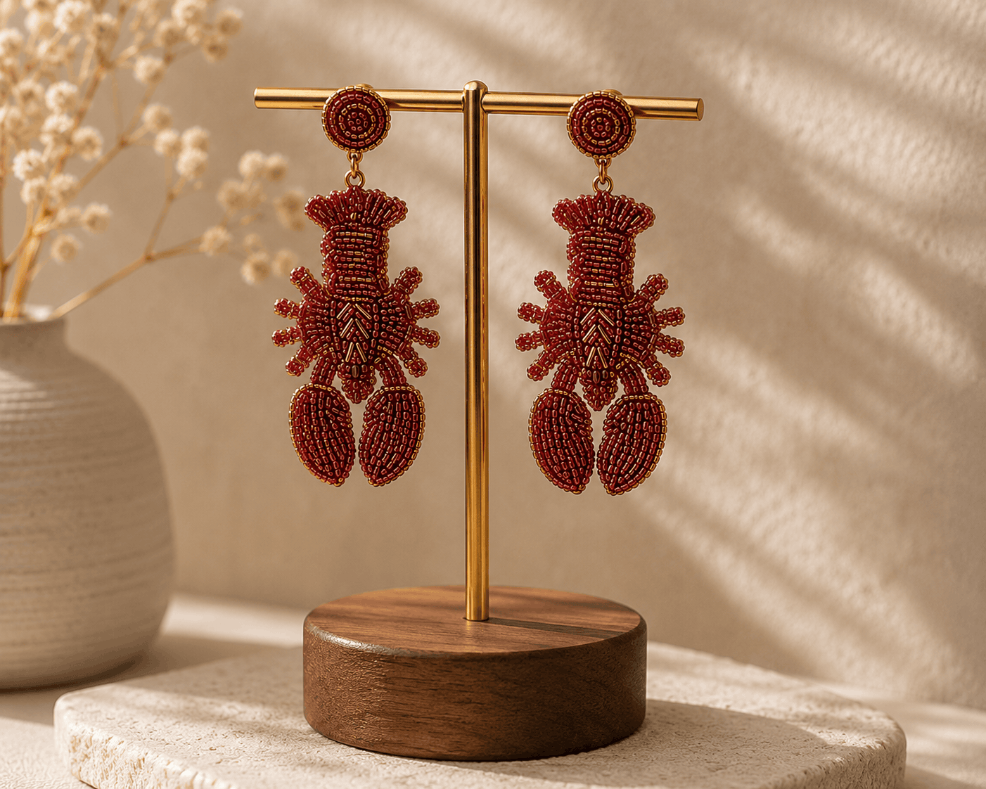 Crimson Lobster Beaded Earrings Seebora