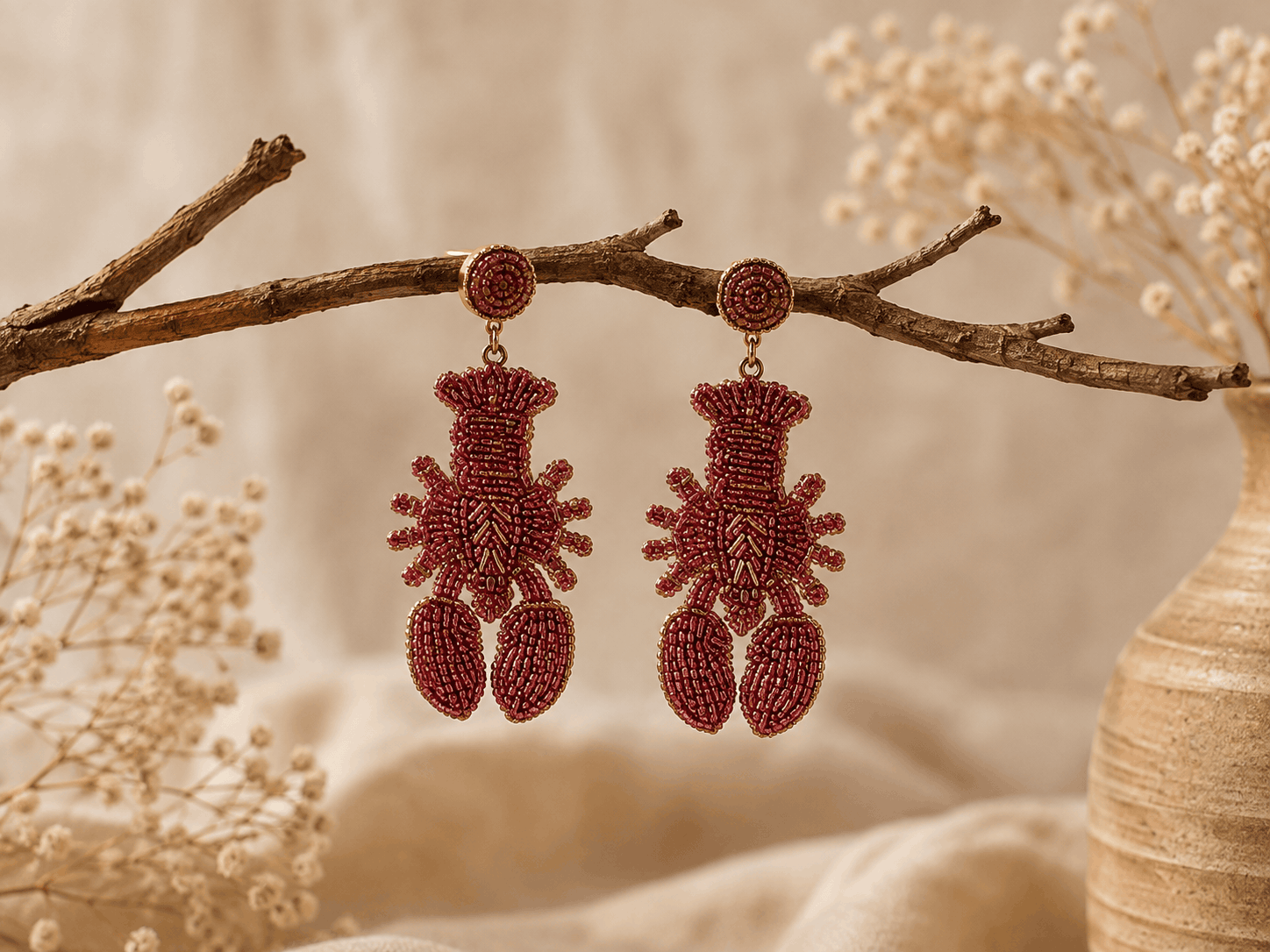 Crimson Lobster Beaded Earrings Seebora