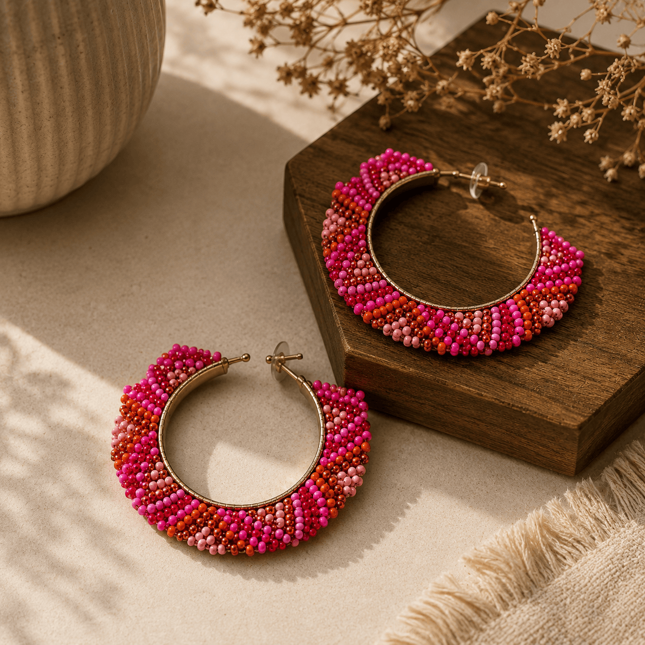 Fuchsia Mosaic Beaded Hoops Seebora