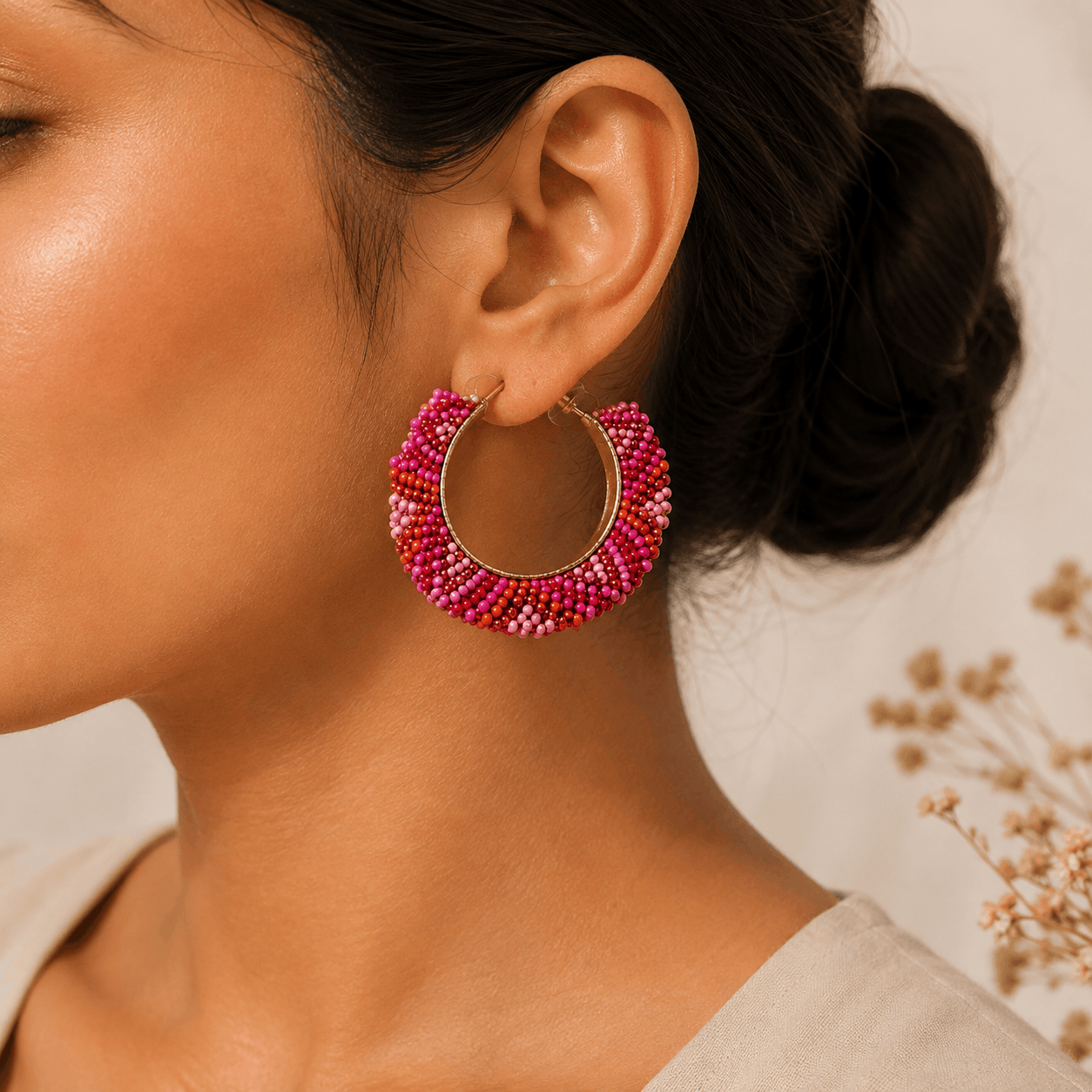 Fuchsia Mosaic Beaded Hoops Seebora