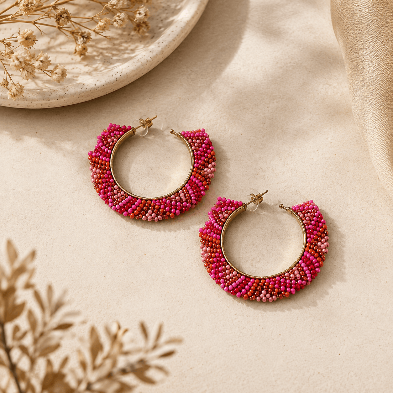 Fuchsia Mosaic Beaded Hoops Seebora