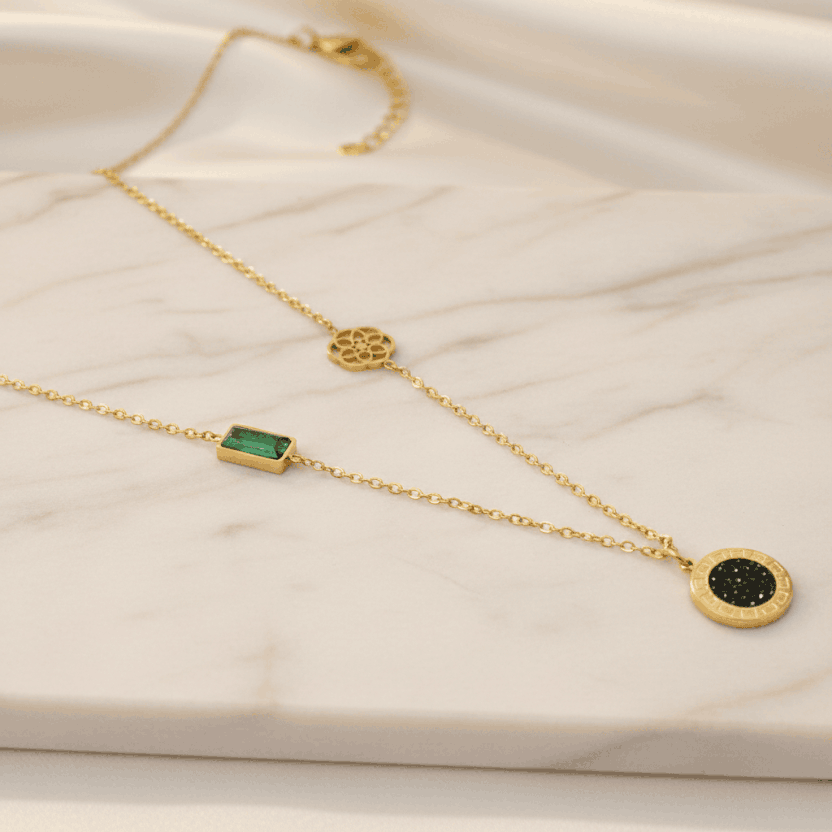 Verdant Onyx Necklace | Green & Black Stone 24K Gold Plated Stainless Steel Seebora